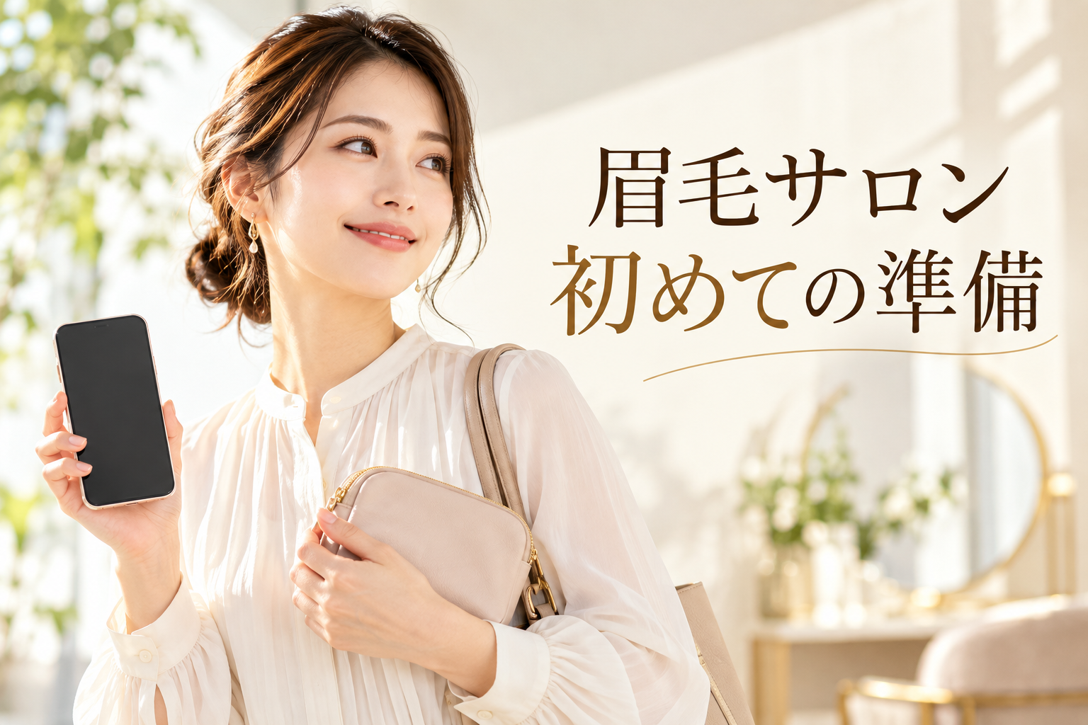 初めての眉毛サロンに向けてスマートフォンとポーチを準備する女性（AI生成イメージ）