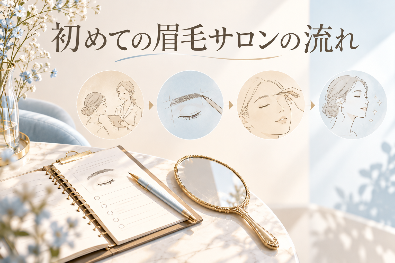 カウンセリングから眉デザインと仕上げまでを示す来店の流れ(AI生成イメージ)