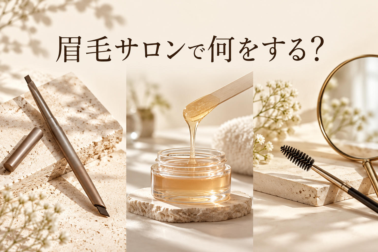 眉毛サロンのデザイン・ワックス・仕上げ道具を示す三分割画像（AI生成イメージ）