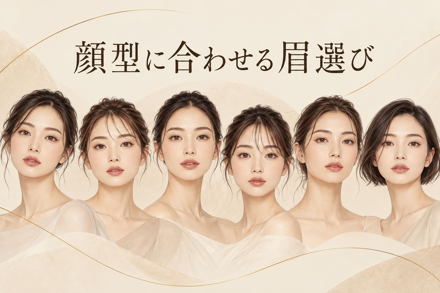 顔型の違いと眉のバランスを比較する六人のイメージ（AI生成イメージ）