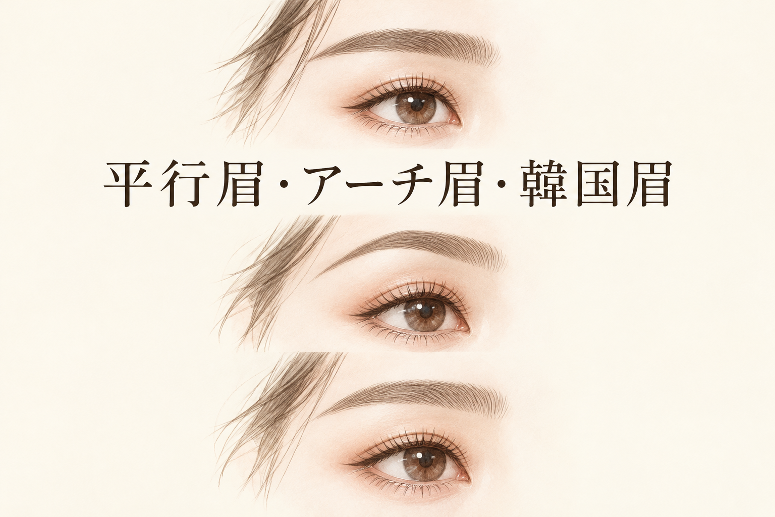 平行眉・アーチ眉・韓国風眉を比較する三つの眉イラスト(AI生成イメージ)
